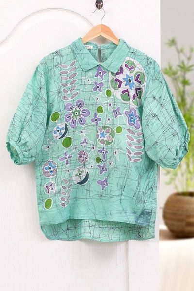 Alternate image for Hand-Painted Batik Cotton Blouse Green Garden