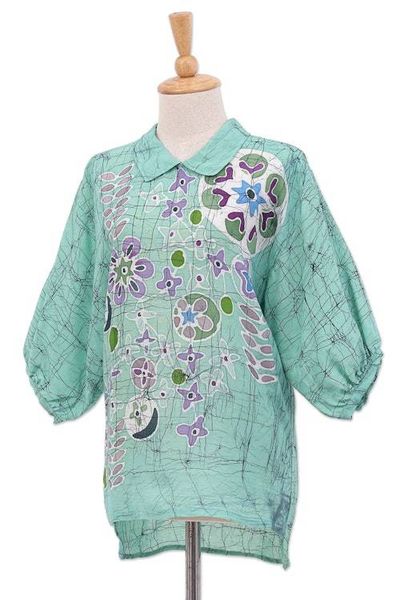 Alternate image for Hand-Painted Batik Cotton Blouse Green Garden