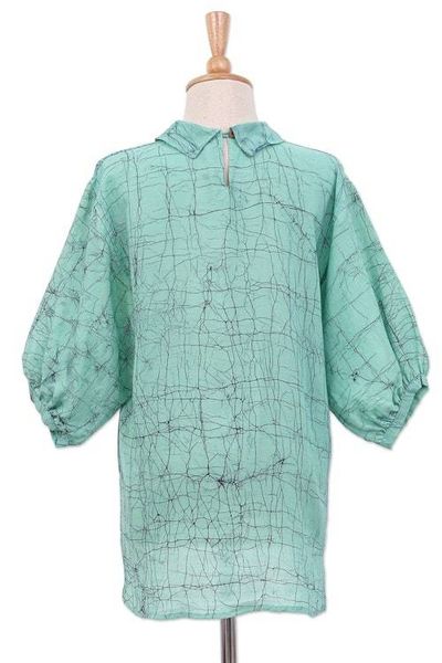 Alternate image for Hand-Painted Batik Cotton Blouse Green Garden