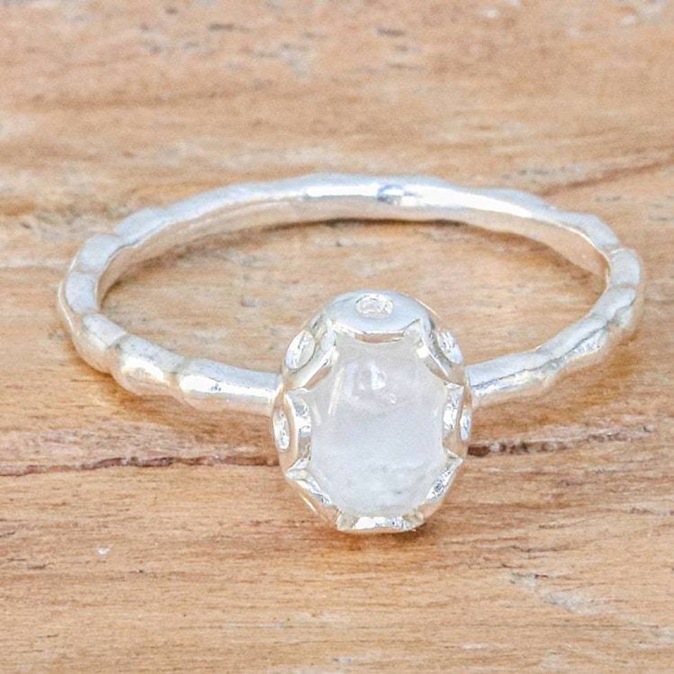 Sterling Silver Solitaire Ring with Oval Rainbow Moonstone 'Luminous Branch'