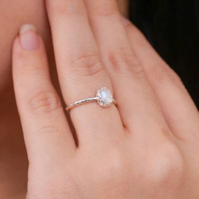 Alternate image for Sterling Silver Solitaire Ring with Oval Rainbow Moonstone Luminous Branch