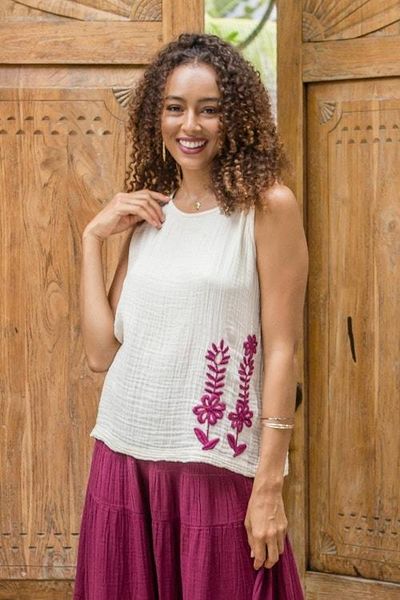 Alternate image for Sleeveless Cotton Blouse with Floral Motif Mulberry Trellis