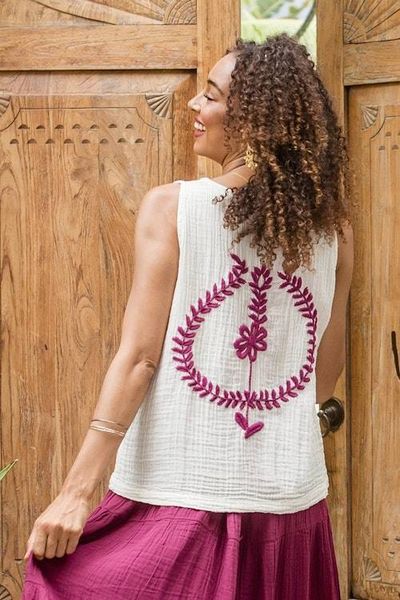 Alternate image for Sleeveless Cotton Blouse with Floral Motif Mulberry Trellis