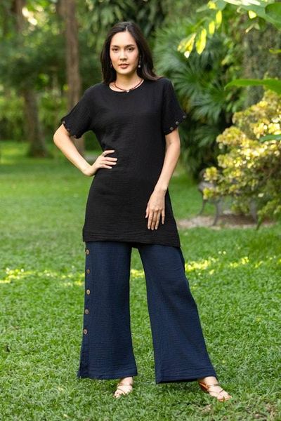 Alternate image for Blue Cotton Gauze Pants from Thailand Out of Office in Navy