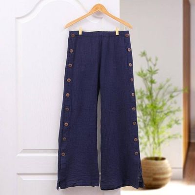 Alternate image for Blue Cotton Gauze Pants from Thailand Out of Office in Navy