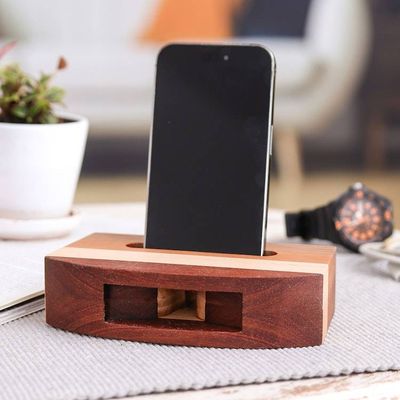 Alternate image for Modern Striped Wood Phone Speaker Handcrafted in Thailand Striped Connection