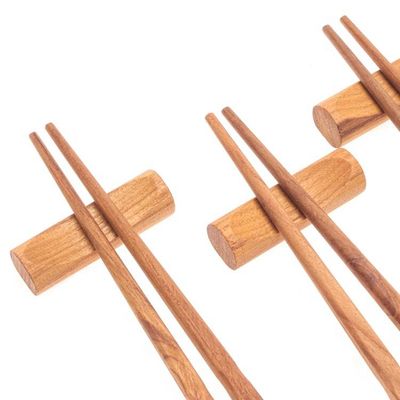 Alternate image for Handmade Thai Teak Wood Chopstick Set of 4 with Rests Wave Plain