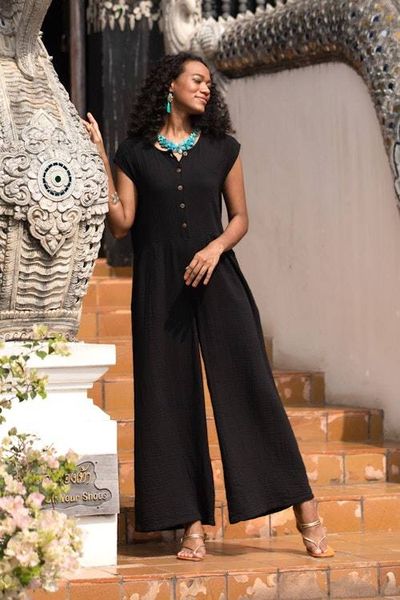 Alternate image for Hand Made Black Cotton Jumpsuit from Thailand Roman Holiday in Black