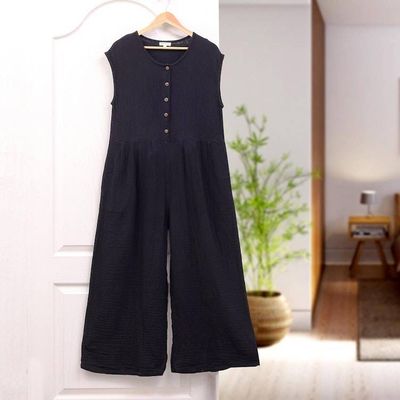 Alternate image for Hand Made Black Cotton Jumpsuit from Thailand Roman Holiday in Black