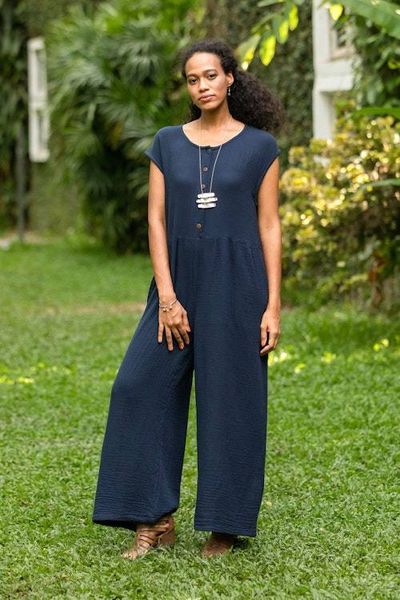 Alternate image for Double Cotton Gauze Jumpsuit from Thailand Roman Holiday in Navy