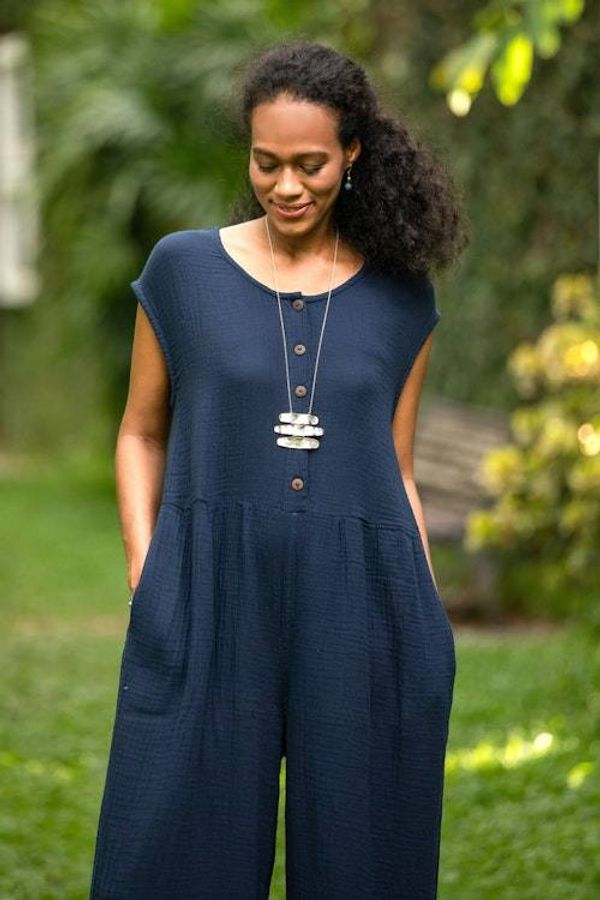 Alternate image for Double Cotton Gauze Jumpsuit from Thailand Roman Holiday in Navy
