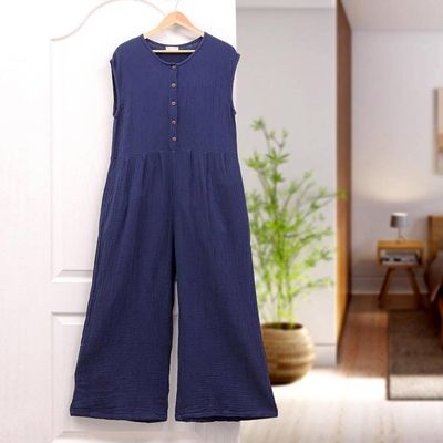 Alternate image for Double Cotton Gauze Jumpsuit from Thailand Roman Holiday in Navy