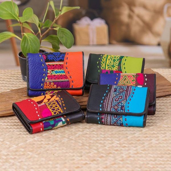 Alternate image for Hill Tribe Patchwork Embroidered Woven Leather Cotton Wallet Dazzling Dream