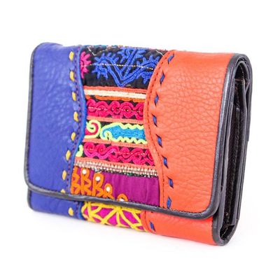 Alternate image for Hill Tribe Patchwork Embroidered Woven Leather Cotton Wallet Dazzling Dream
