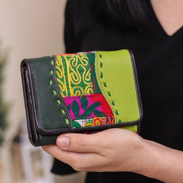 Alternate image for Hill Tribe Patchwork Embroidered Woven Leather Cotton Wallet Dazzling Dream