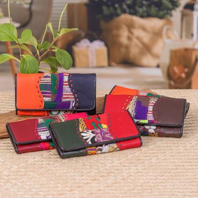 Primary image for Leather Cotton Wallet with Hill Tribe Embroidered Woven Art Vibrant Beauty