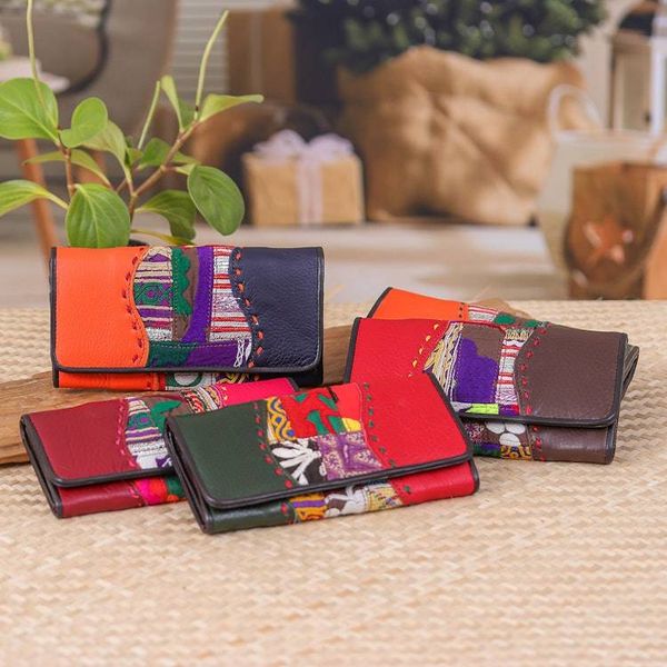 Alternate image for Leather Cotton Wallet with Hill Tribe Embroidered Woven Art Vibrant Beauty