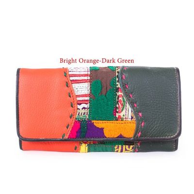 Alternate image for Leather Cotton Wallet with Hill Tribe Embroidered Woven Art Vibrant Beauty