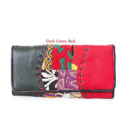 Alternate image for Leather Cotton Wallet with Hill Tribe Embroidered Woven Art Vibrant Beauty