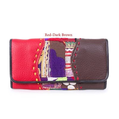 Alternate image for Leather Cotton Wallet with Hill Tribe Embroidered Woven Art Vibrant Beauty