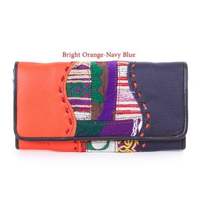 Alternate image for Leather Cotton Wallet with Hill Tribe Embroidered Woven Art Vibrant Beauty