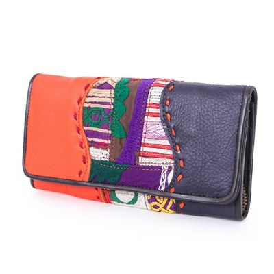 Alternate image for Leather Cotton Wallet with Hill Tribe Embroidered Woven Art Vibrant Beauty