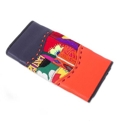 Alternate image for Leather Cotton Wallet with Hill Tribe Embroidered Woven Art Vibrant Beauty