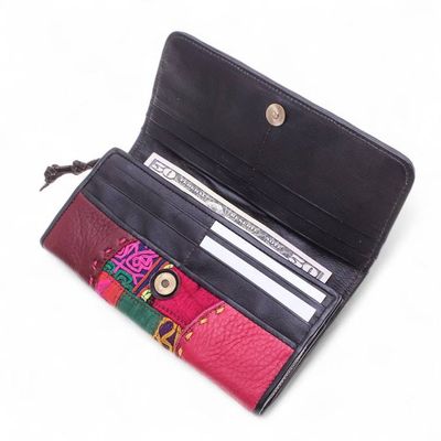 Alternate image for Leather Cotton Wallet with Hill Tribe Embroidered Woven Art Vibrant Beauty