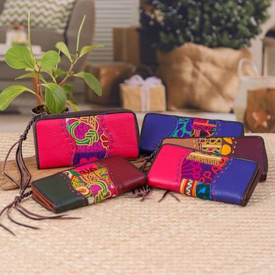 Primary image for Hill Tribe Embroidered Patchwork Leather Cotton Blend Wallet Colorful Organization
