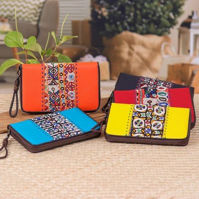 Primary image for Hill Tribe Embroidered Leather Cotton Blend and Glass Wallet Bright Harmony