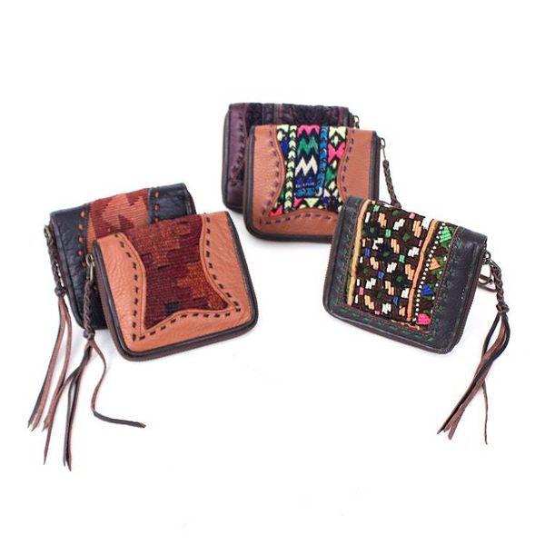 Alternate image for Hill Tribe Woven Embroidered Leather Cotton Bi-Fold Wallet Folk Art Charm
