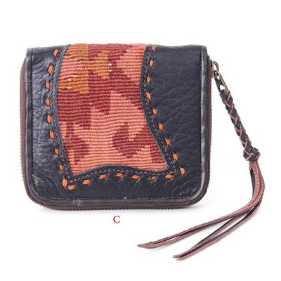 Alternate image for Hill Tribe Woven Embroidered Leather Cotton Bi-Fold Wallet Folk Art Charm