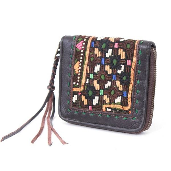 Alternate image for Hill Tribe Woven Embroidered Leather Cotton Bi-Fold Wallet Folk Art Charm