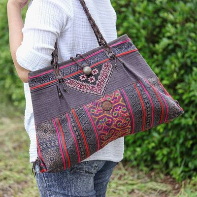 Primary image for Hill Tribe Woven Embroidered Cotton Blend Leather Tote Bag Hill Tribe Urban Chic