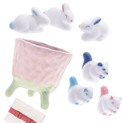 Primary image for Curated Gift Set with 6 Ceramic Figurines and Flower Pot Pastel Garden