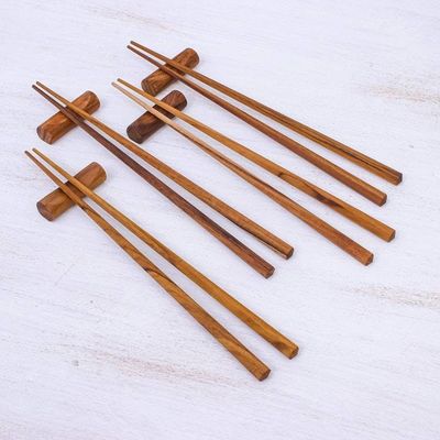 Primary image for Hexagonal Teak Chopstick Set of 4 with Rests Authentic Meal