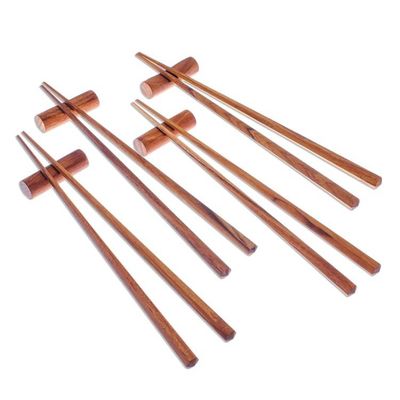 Alternate image for Hexagonal Teak Chopstick Set of 4 with Rests Authentic Meal