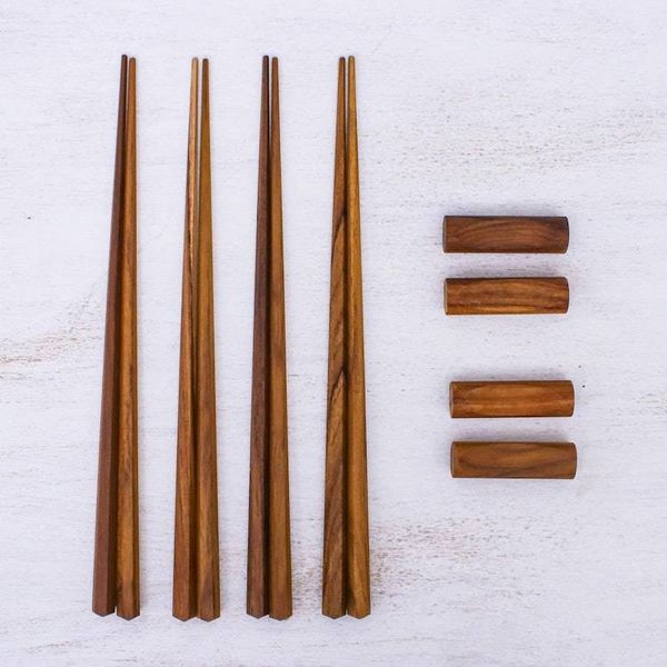 Alternate image for Hexagonal Teak Chopstick Set of 4 with Rests Authentic Meal