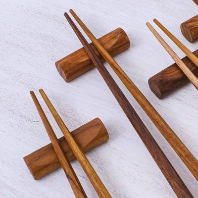 Alternate image for Hexagonal Teak Chopstick Set of 4 with Rests Authentic Meal