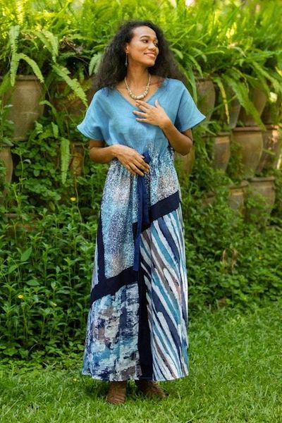 Alternate image for Hand-Painted Batik Linen Maxi Skirt Chiang Mai Rains