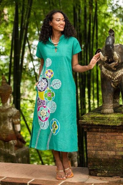 Primary image for Hand Made Cotton Batik Cheongsam Dress Lovely Jade