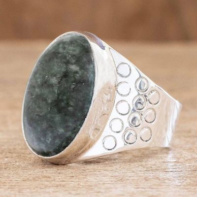 Alternate image for Mens Modern Sterling Silver Single Stone Jade Ring Verdant Night