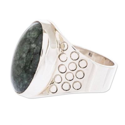 Alternate image for Mens Modern Sterling Silver Single Stone Jade Ring Verdant Night