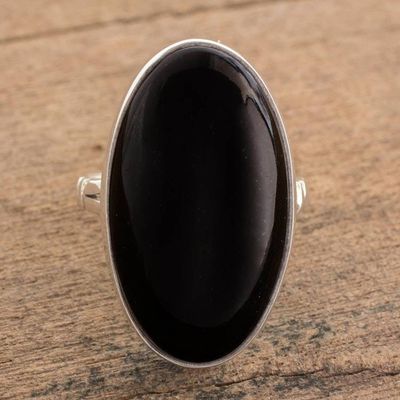 Alternate image for Handcrafted Minimalist Black Jade and Silver Cocktail Ring Black Tonalities