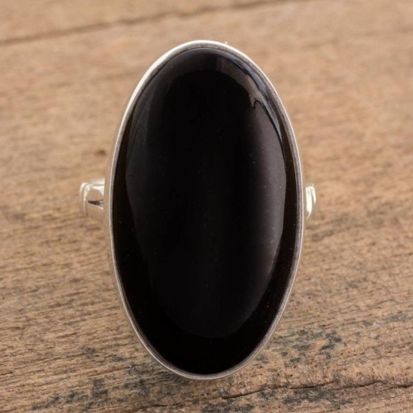 Alternate image for Handcrafted Minimalist Black Jade and Silver Cocktail Ring Black Tonalities