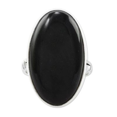 Alternate image for Handcrafted Minimalist Black Jade and Silver Cocktail Ring Black Tonalities