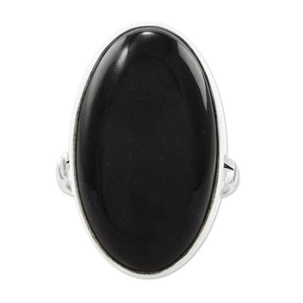 Alternate image for Handcrafted Minimalist Black Jade and Silver Cocktail Ring Black Tonalities
