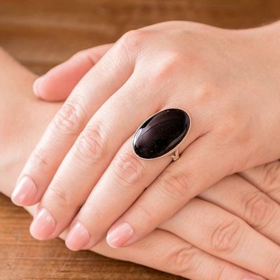 Alternate image for Handcrafted Minimalist Black Jade and Silver Cocktail Ring Black Tonalities