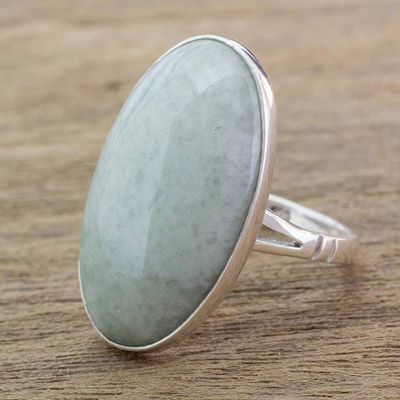 Primary image for Handcrafted Minimalist Light Green Jade and Silver Ring Pale Green Tonalities