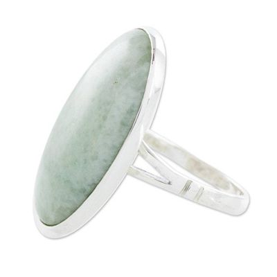 Alternate image for Handcrafted Minimalist Light Green Jade and Silver Ring Pale Green Tonalities